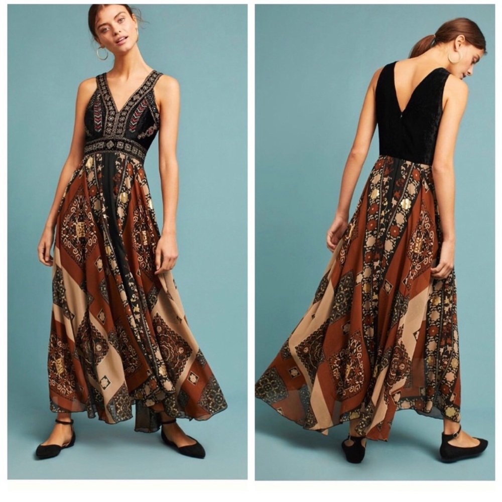 ANTHROPOLOGIE Raga Shenia Embroidered Maxi Dress L